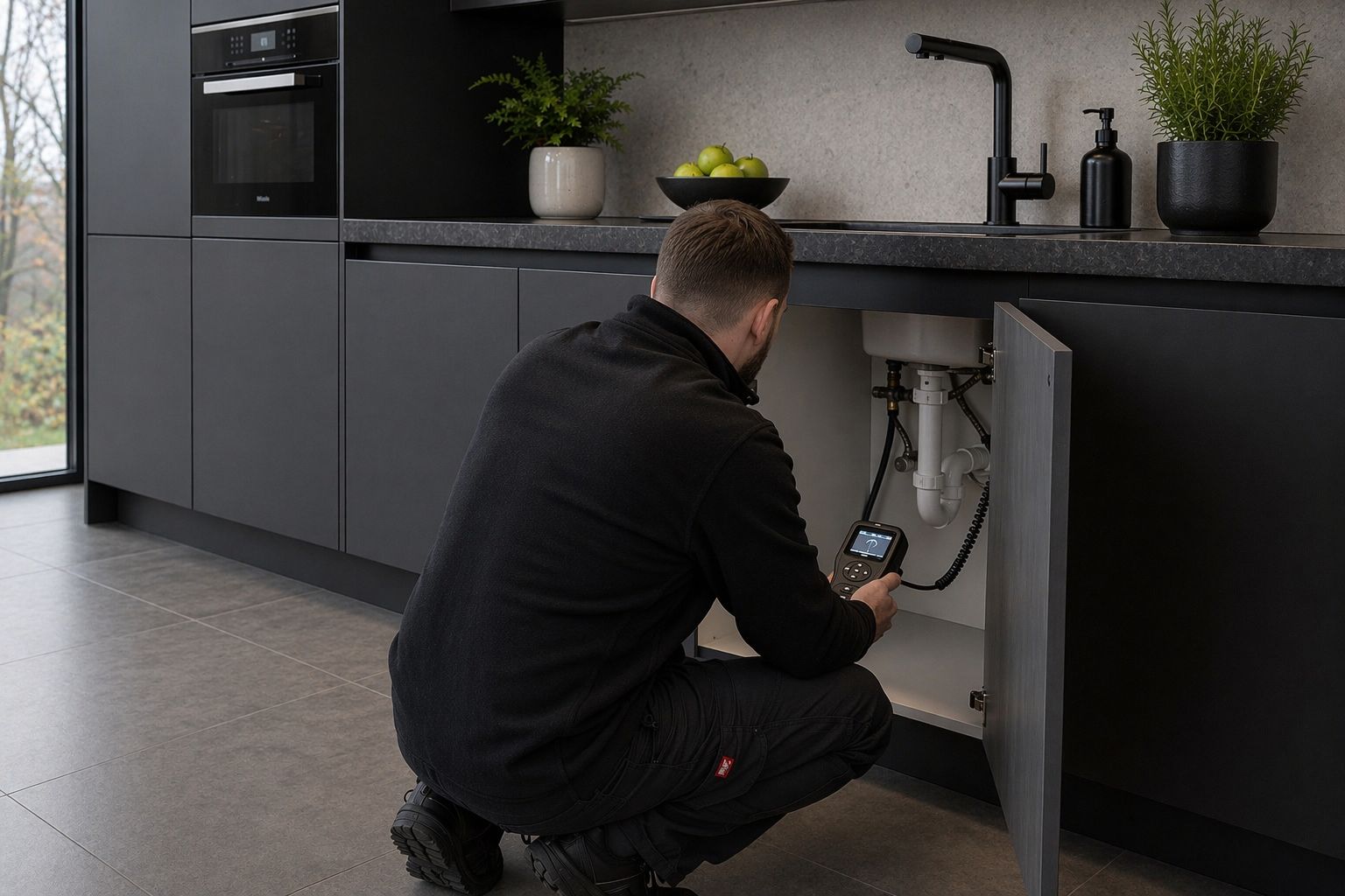 Leckageortung im Innenbereich unter einer Küchenarmatur